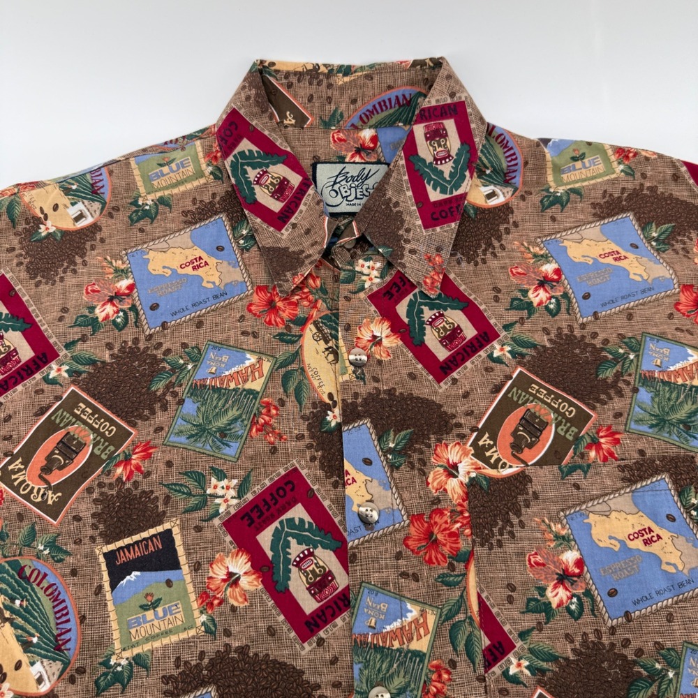 Body Objects Button Up Men XL Brown‎ Coffee Novelty Print Cotton Short Sleeve